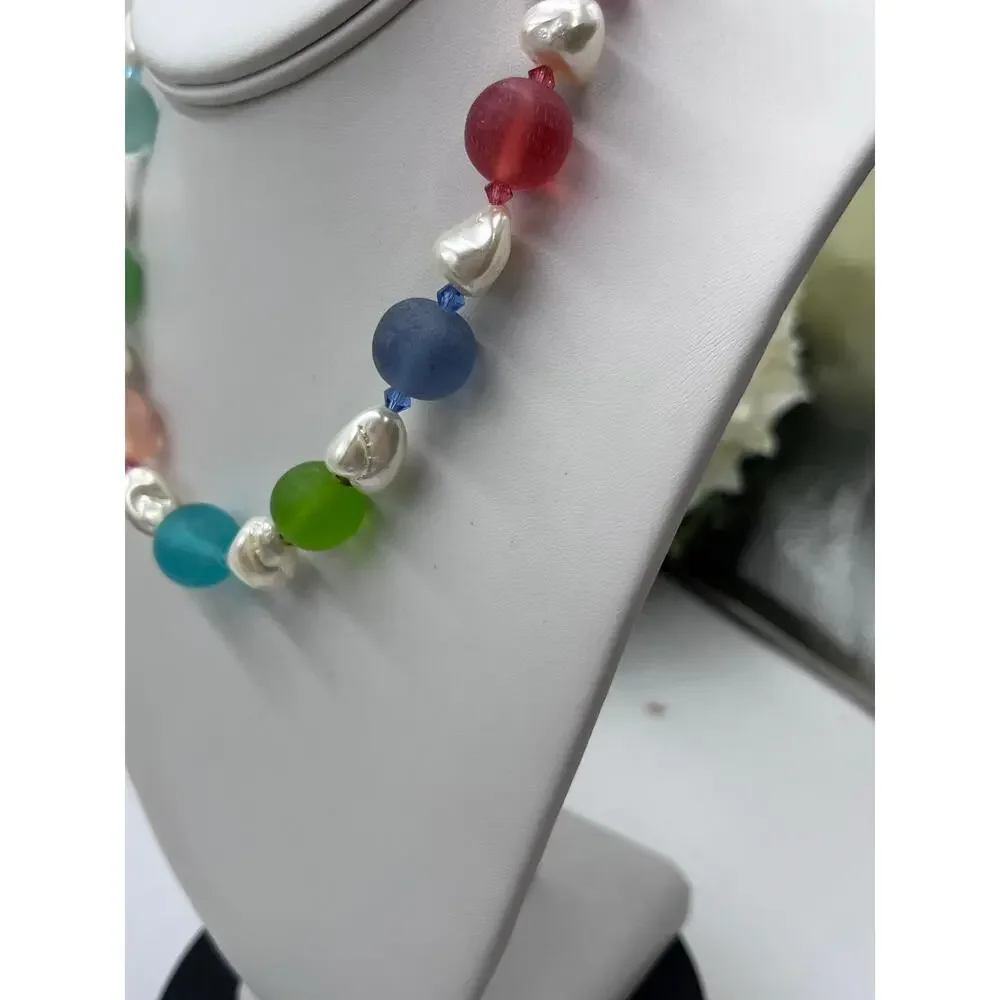 Gum Drop Candy Colored Beaded White‎ Faux Pearl Single Strand Necklace New